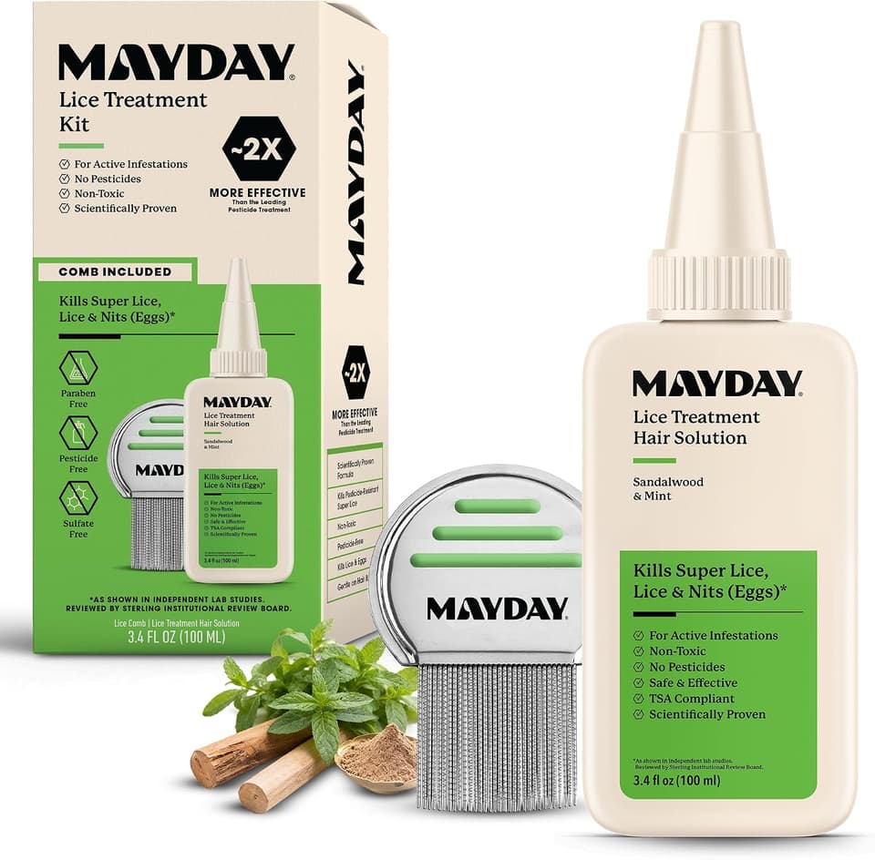 MAYDAY Lice Treatment Kit box with a 3.4 oz Lice Treatment Hair Solution and a stainless steel nit comb